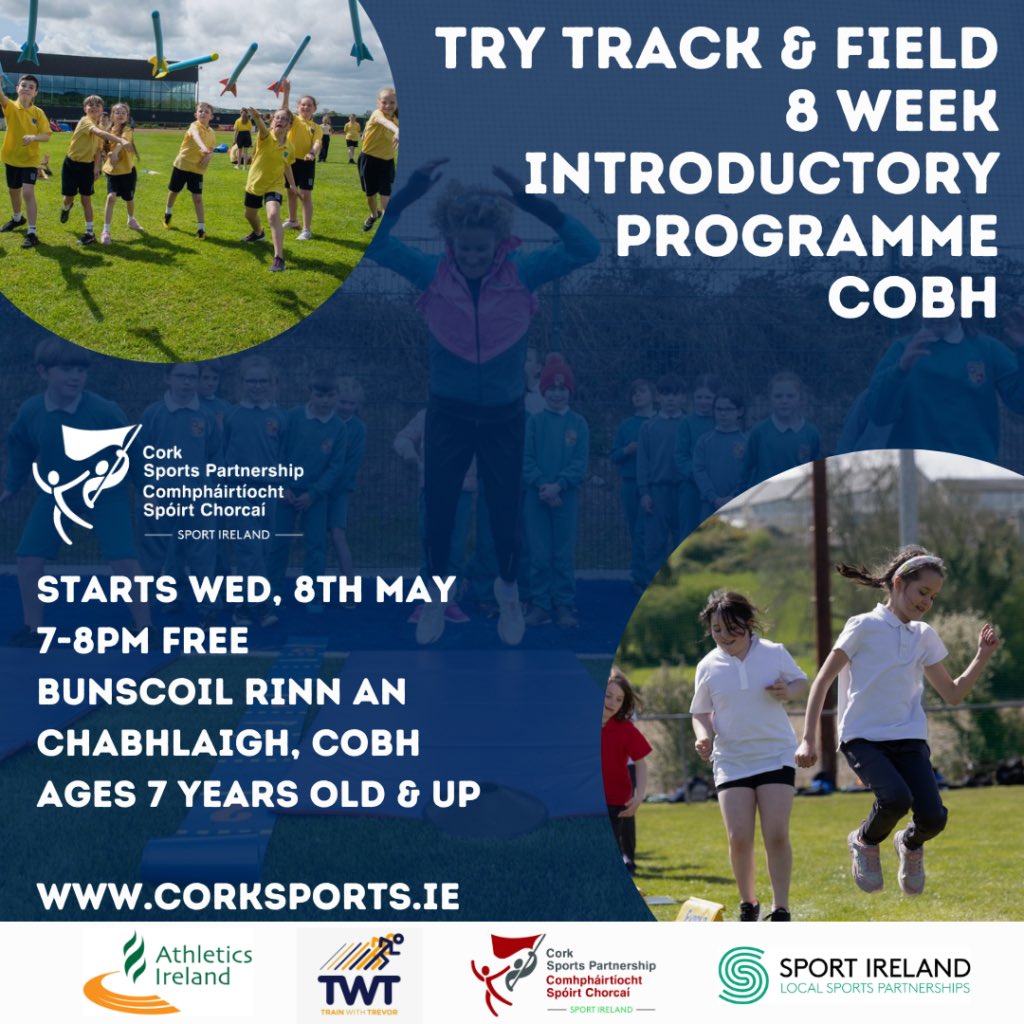 𝙏𝙍𝙔 𝙏𝙍𝘼𝘾𝙆 & 𝙁𝙄𝙀𝙇𝘿 NEW fun 8 week programme focusing on age appropriate coaching in running, jumping & throwing in prep for upcoming intro athletics competitions! 📆 Wed, 8th May ⏰ 7-8pm 📍 Bunscoil Rinn An Chablaigh, Cobh 🎟️ Ages 7+ ✍️ corksports.ie/latest-news/tr…