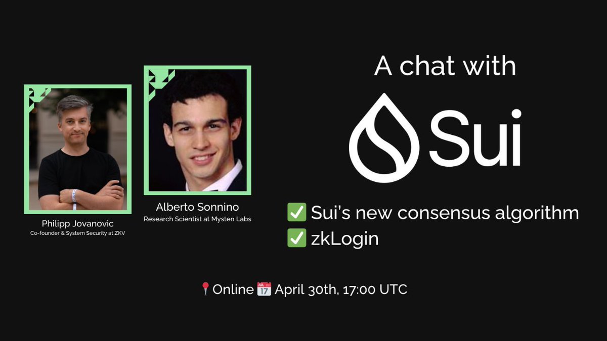 🚨 Tomorrow 🚨 Our co-founder, @Daeinar, will chat with @alberto_sonnino from @Mysten_Labs about the new consensus protocol Mysticeti, zkLogin, and much more. Sign up here: zkv.xyz/latest-about-s…