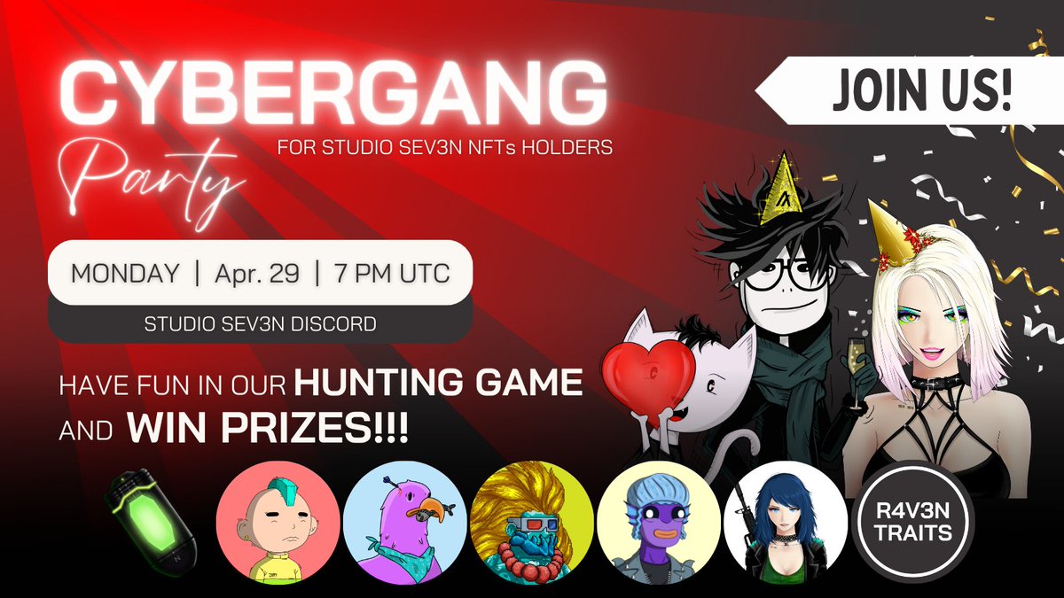1h till Cybergang Party! Today we have in our pool of prizes, NFTs by @xarnsy @gullyalgo @theseafolk @fuguNFT and @Project_R4V3N and of course our $NANITE token. Hope to see you all in Studio SEV3N discord! 🥳 #algofam