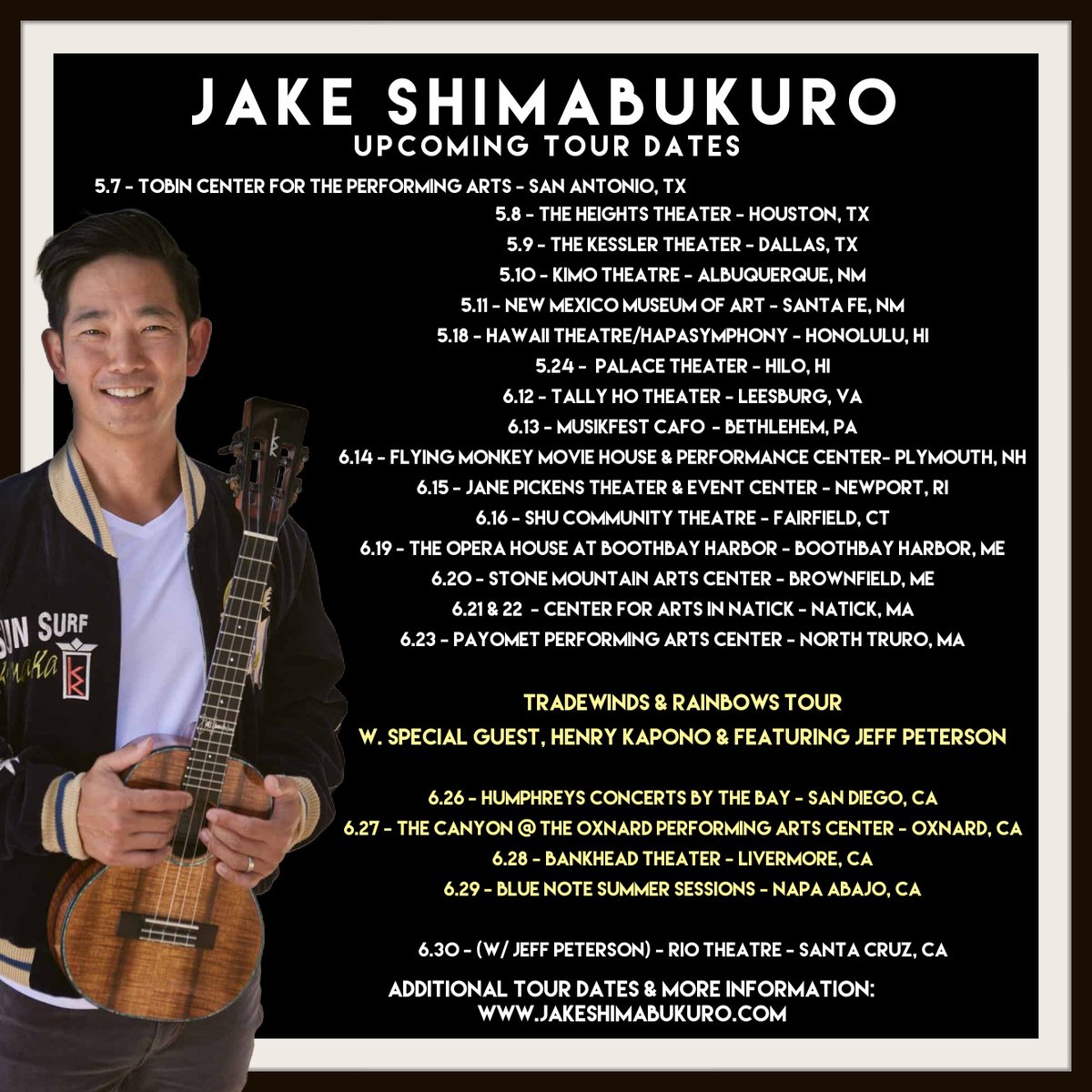 Upcoming @JakeShimabukuro Tour Dates! Get more information here: jakeshimabukuro.com/tour/ #jakeshimabukurotour2024 #ukulele