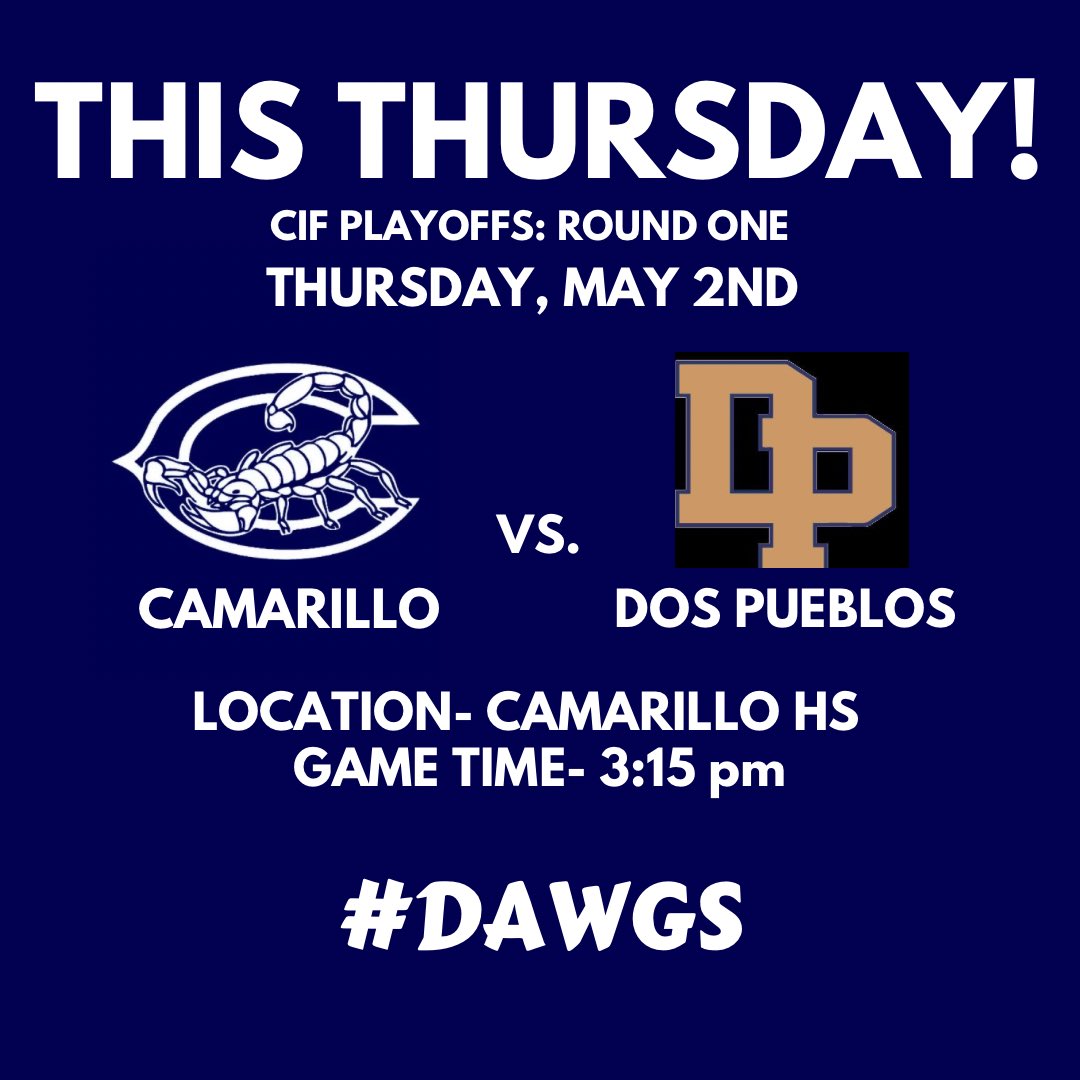 THIS THURSDAY!!

Varsity takes on Dos Pueblos at HOME in the First Round of CIF Playoffs. Game time will be 3:15.

Come out and support your Scorps!! We want to see YOU there! 

#DAWGS #STING