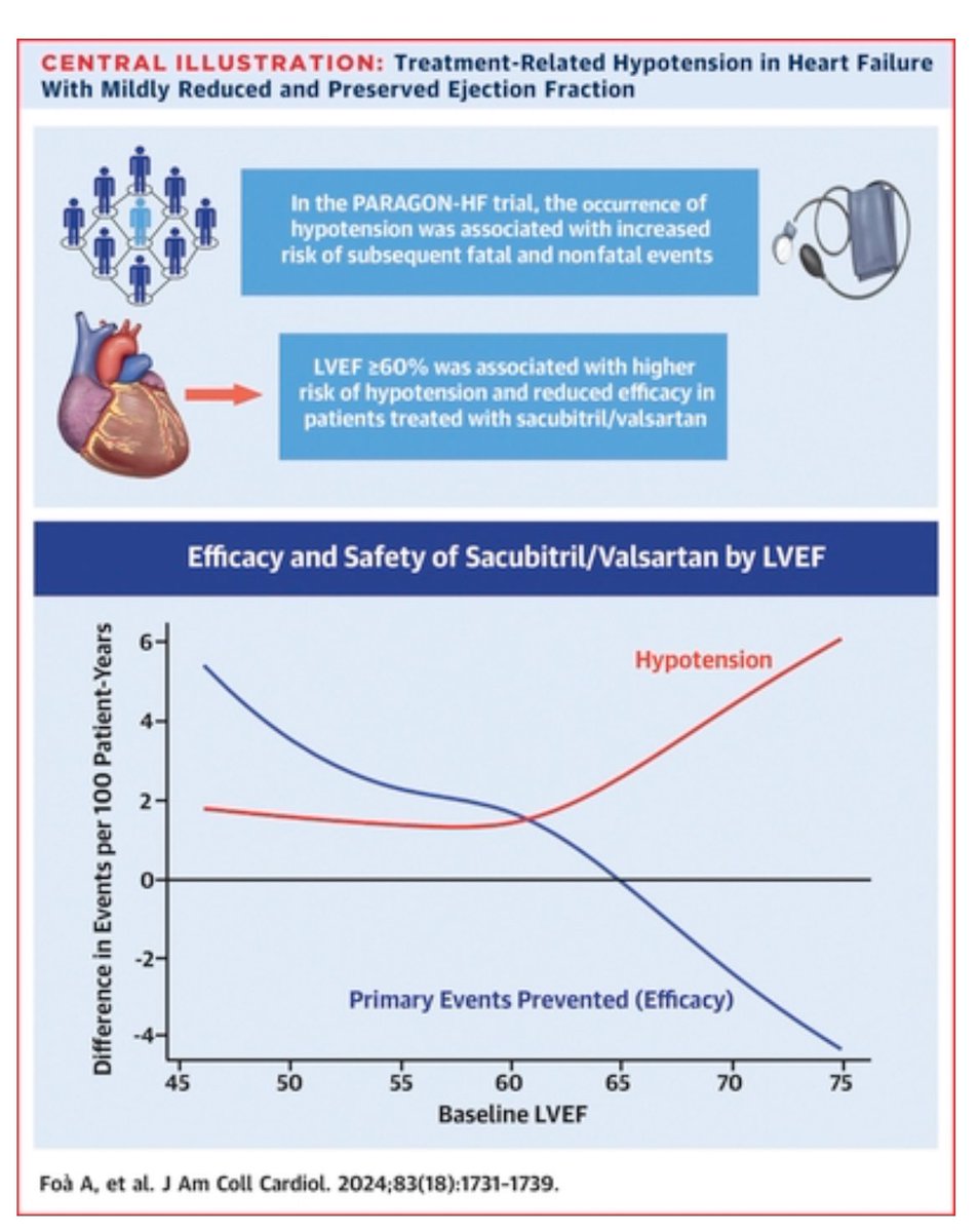 ⚠️Sacubitril/Valsartan-Related Hypotension in #PARAGON-HF 👥4,796 ▶️13% experienced hypotension, more frequently in the sacubitril/valsartan arm (P < 0.001) 👉hypotension, 🟰↗️ risk of CV☠️/🏥HF & all-cause ☠️ 👉👥with LVEF ≥60% experienced substantially higher