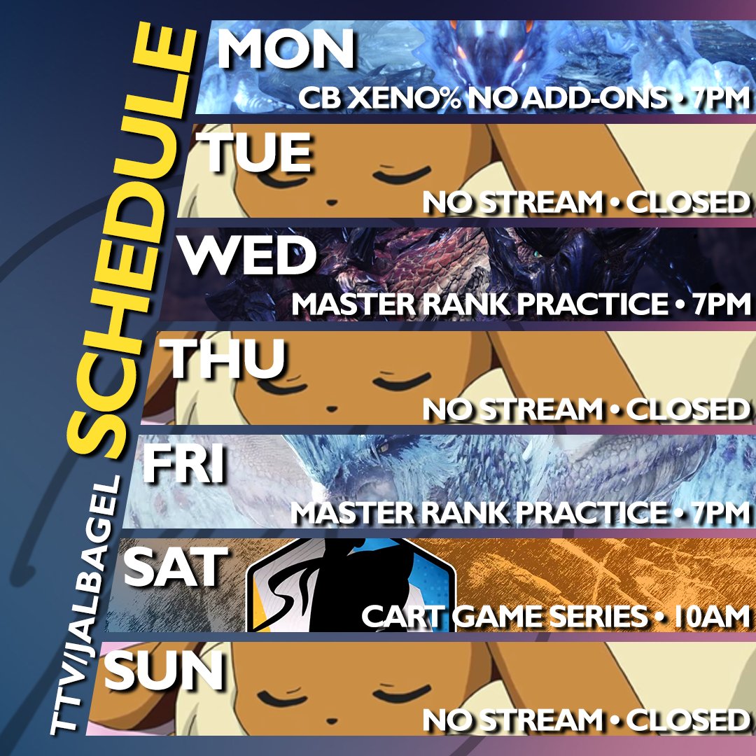 SCHEDULE M- Charge Blade Xeno% No Add-Ons W F- MR Fatalis% Practice Sa- @NightsideGaming CGS Tourney It's a STACKED week of Monster Hunting! Sub Poll Speedrun tonight! More MR Prep for Fatalis%! Then Nightside's MHW Tournament on Saturday! See you tonight!