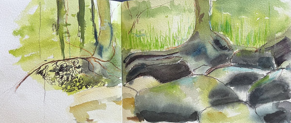 Hello, recently got back from a lovely week, staying in Huelgoat, Brittany. This was a sketch I did from one of my walks in the beautiful woods, which have very large boulders on the river. @GraniteElements #mycreativeweek #sketch #sketchbook #huelgoat #watercolour
