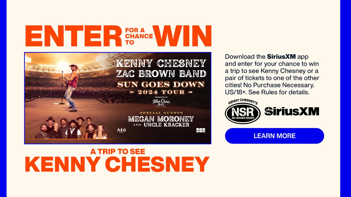 Enter to flyaway to see @kennychesney at @SoFiStadium in LA. The #SunGoesDownTour awaits. ☀️ Enter to win here: sxm.app.link/e/SunGoesDownS…