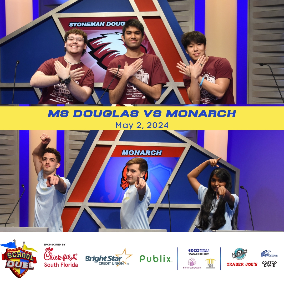 A new School Duel Thursday! Watch #MarjoryStonemanDouglas High vs #MonarchHigh, this Thursday, May 2nd at 8pm on @BECONTV (ch 488 & 19 Comcast, ch63 AT&T/Dish/Directv) @MSDHighSchool @wmsdtv @MSDEagleEye @msdptso @parklandtalk @MHShighlights @browardschools