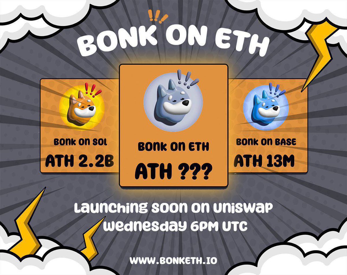 Bonk on ETH | 即将推出 Bonk on Sol $22B mc ATH Bonk on Base $13M mc ATH 现在 Bonk on Eth 即将推出 @BonkErc20 网站：BonkEth.io Telegram：T.me/BonkErc20