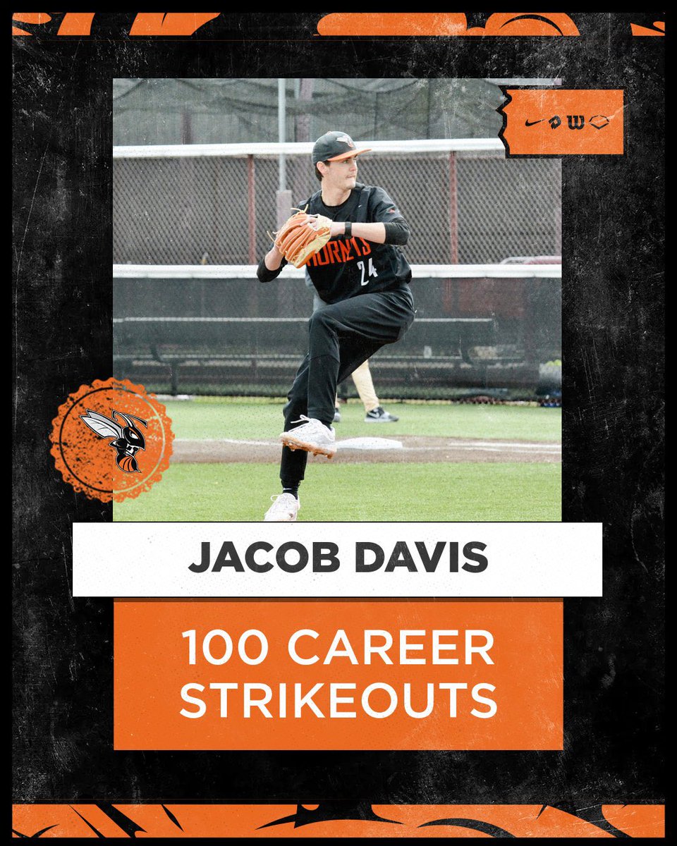 Career strikeout no. 1️⃣0️⃣0️⃣ @jacob_davis240 notched his 💯th career strikeout in our series opener against Olivet. Congrats on the milestone, JD! 🐝⚾️ #d3baseball