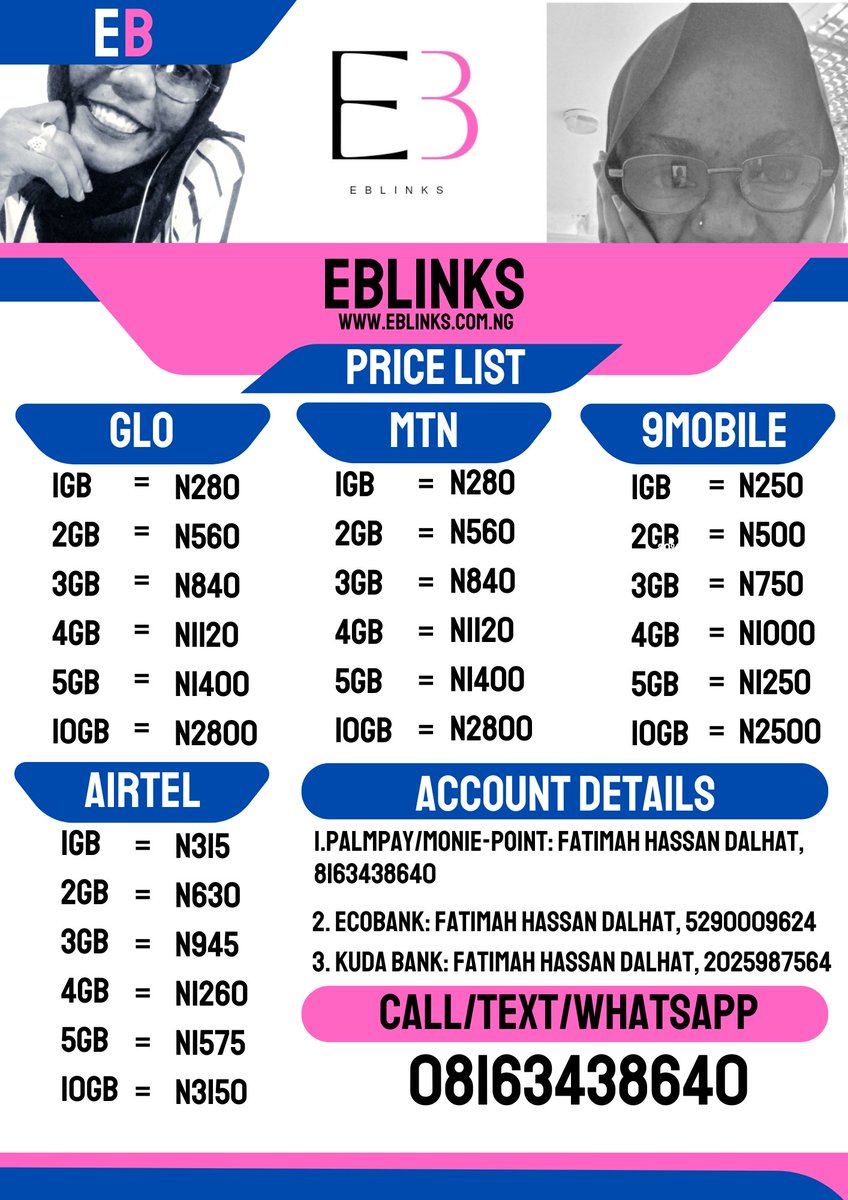 DATA! Support us to distribute more than 50k worth of data today 🙏🏼. Patronize Us and recommend us to your friends and families. All networks are available: MTN GLO AIRTEL 9MOBILE 08163438640 eblinks.com.ng For more information 👇🏼