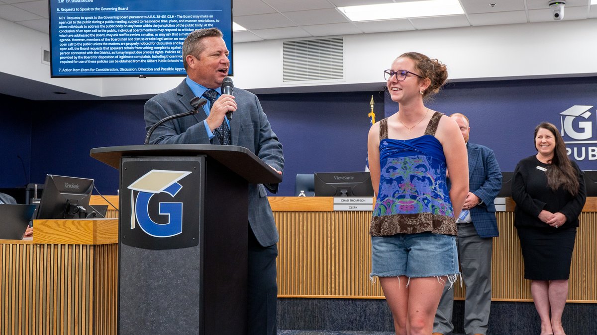 Superintendent Dr. McCord and GPS Governing Board members recognized Campo Verde High School senior Peyton Gibby last week. Peyton took the field on March 27 at the LPGA Ford Championship's Pro-Am. Congratulations! #gilbertpublicschools #gpsfuturereadygraduates