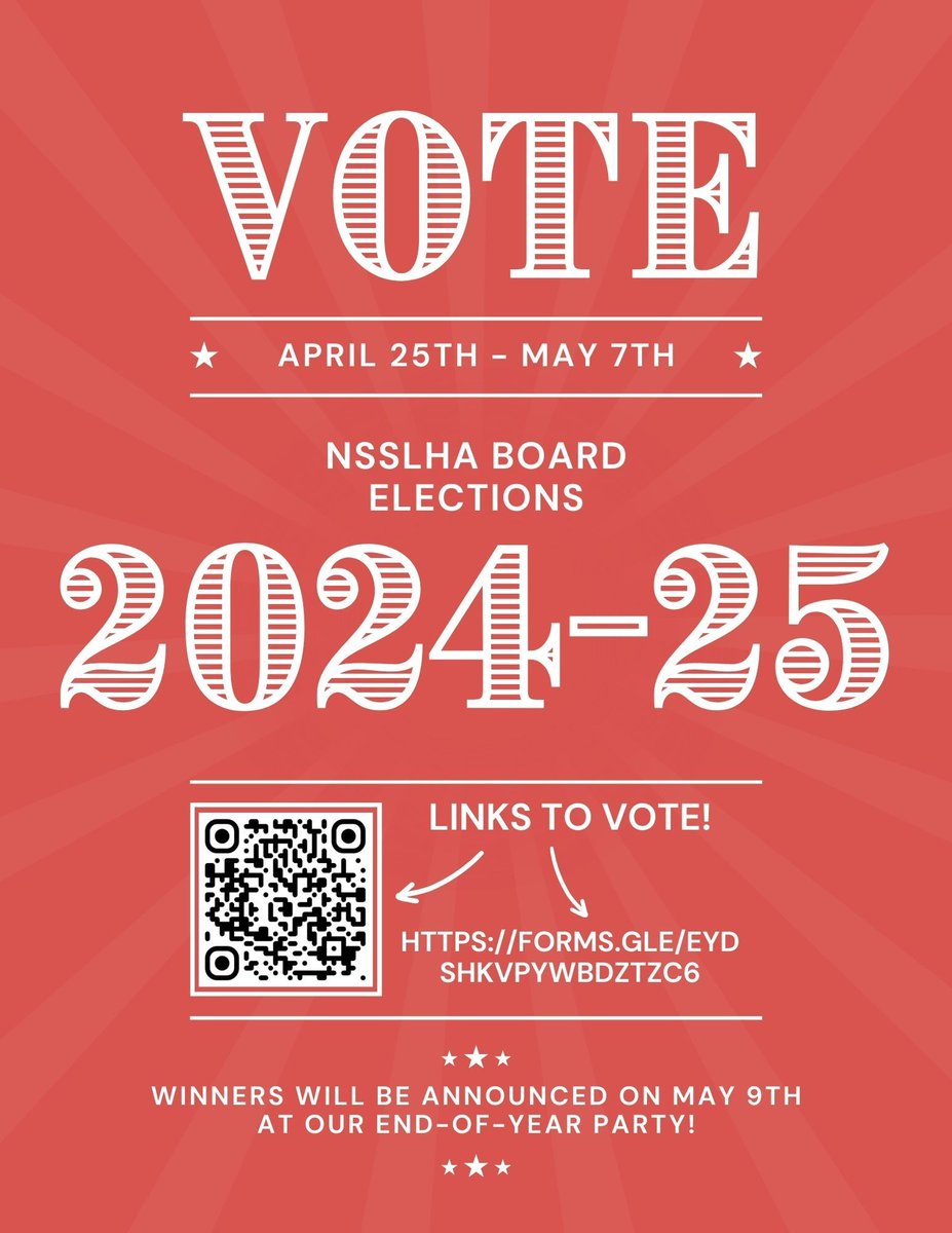 The voting period for the new 2024-2025 NSSLHA Board is open from 4/25 - 5/7! 📣 📣📣 Visit this link to access the voting form: buff.ly/3Ux7JrX. #slhs #slpa #slp #aud #slp2b #NSSLHA #ASHA #msudenver #changemakerswanted #roadrunners #roadrunnerpride #getrowdy