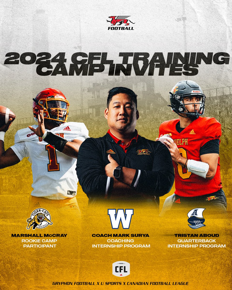 An opportunity to the learn from the best this summer for these three Guelph Gryphons! Head Coach Mark Surya (@Wpg_BlueBombers) & QB's Tristan Aboud (@TorontoArgos) and Marshall McCray (@Ticats) will all head to their respective training camps this summer! #LeaveYourMark