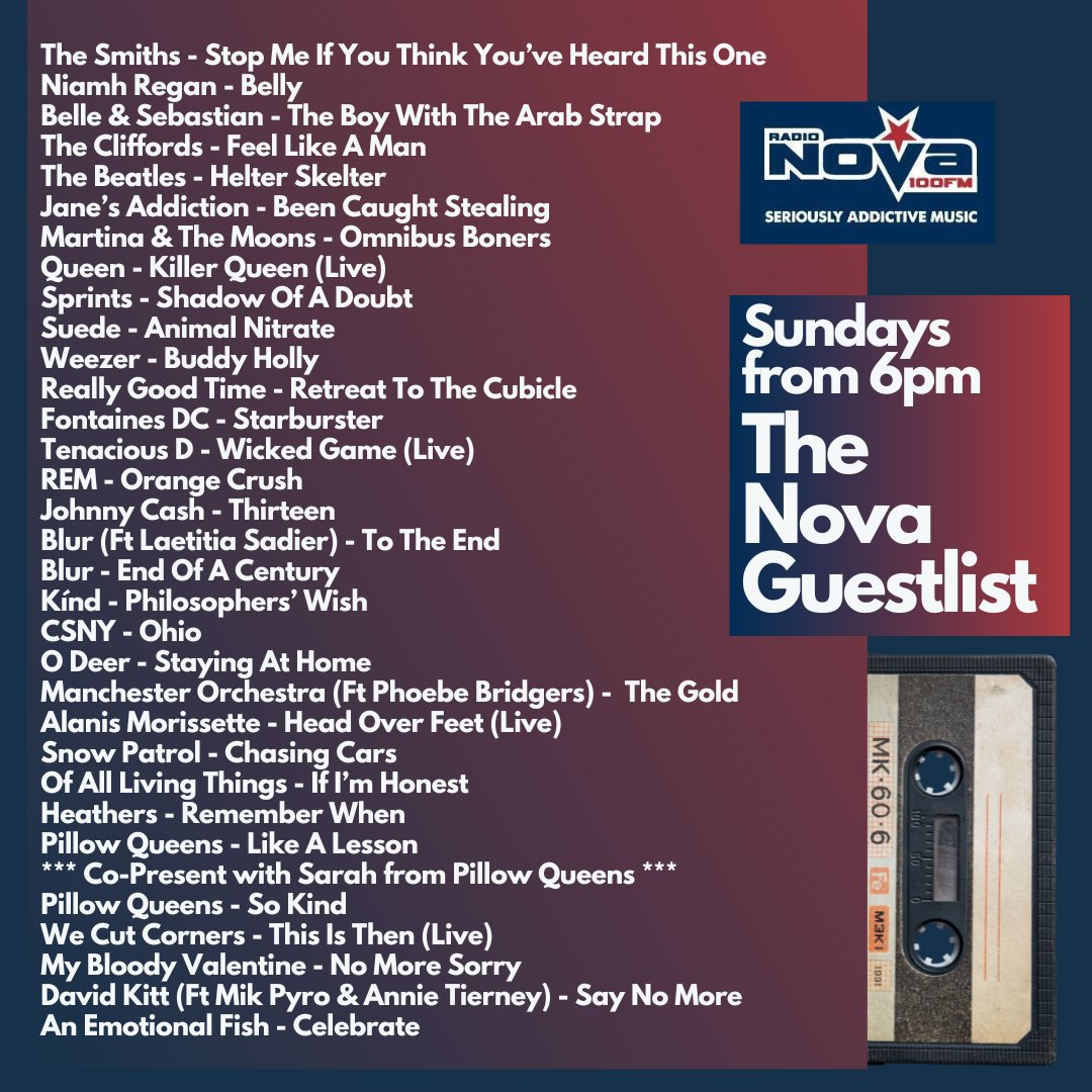 🚨All the great songs on the #NovaGuestlist, including @IndieBuddie1 on @TheCliffordsIE, first plays for @David_Kitt & @OALTband, & a Special @PillowQueens Co-Present!☘️ 📻Listen back Now on nova.ie/radio-schedule… or 6pm Sundays on @RadioNova100! #IrishMusicParty