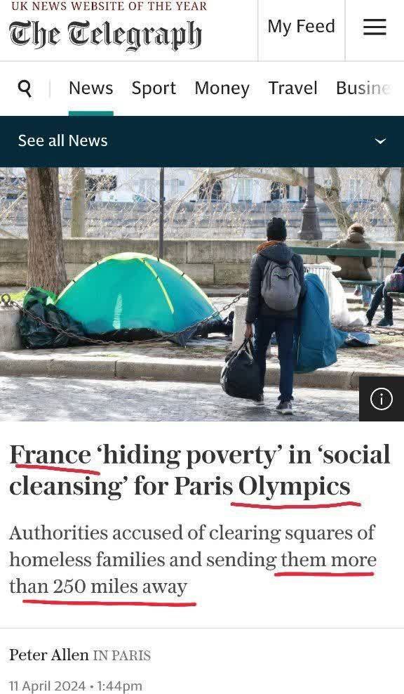 از اونجایی که فرانسه داره خودشو برای برگزاری المپیک ۲۰۲۴ آماده می‌کنه؛ بی‌خانمان‌ها رو از پاریس جمع آوری و حدود ۴۰۰ کیلومتر دورتر اسکان میده. بدبختا فکر کردن با پاک کردن صورت مسئله واقعیت تغییر میکنه!