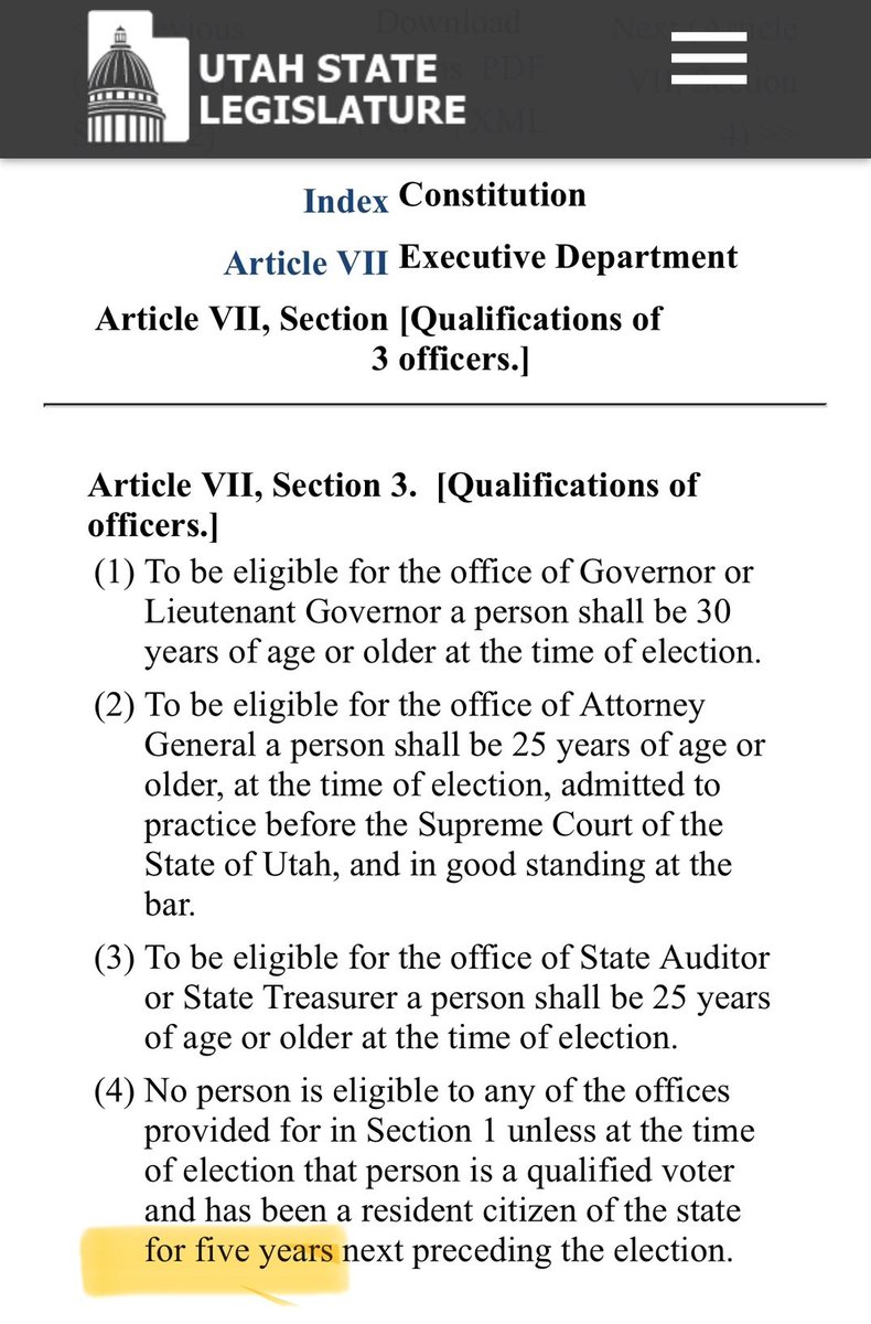 NEW: @phil_lyman is responding to allegations that his Lt. Gov. pick, Layne Bangerter isn't eligible for the ballot because he hasn't lived in Utah for 5 years like the Utah Constitution requires. Lyman claims Bangerter is eligible, but bases that off an Ohio Supreme Court…