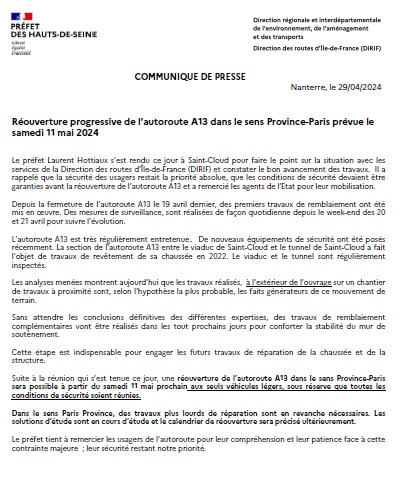 #A13 | Réouverture progressive de l’autoroute A13 dans le sens Province-Paris, prévue le samedi 11 mai 2024, aux seuls véhicules légers, sous réserve que toutes les conditions de sécurité soient réunies

👉Consultez notre communiqué de presse
hauts-de-seine.gouv.fr/Actualites/Sal…

➕d'infos
