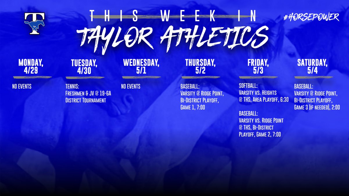 Updated calendar to include @THSMustangSB and @baseball_THS's playoff games at the end of this week. Good luck, Mustangs 🥎⚾️!!