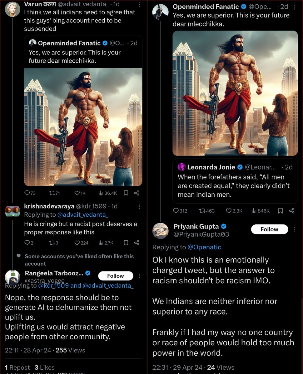 Some of the responses to my AI images (by fellow Hindus) are revealing. 'AI shouldn't be used to uplift us...it will attract negative people from other communities.' 'We are neither inferior nor superior...If I had my way, no country or race would hold too much power.' They're