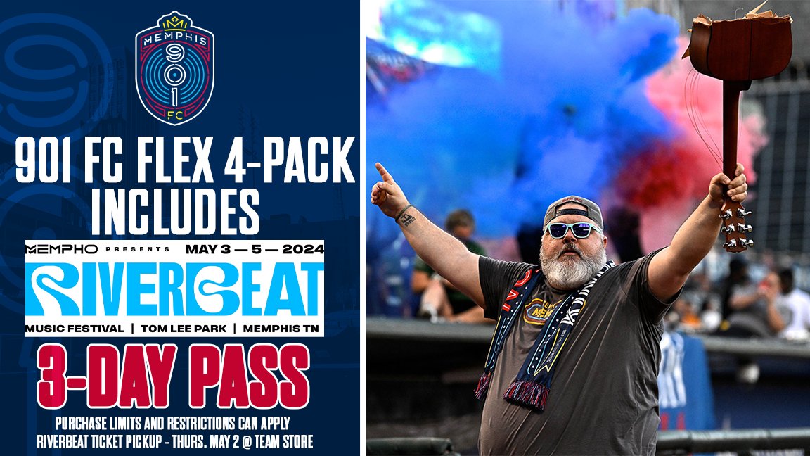 Footy Meets Festival Fun ⚽🎵 THIS WEEK: 901 FC Four-Game Packages starting at just $89 come with a 3-Day Pass to RiverBeat Music Festival! Get this deal while it lasts! BUY HERE: shorturl.at/iFJQY Purchasers must pickup tickets at our Team Store this Thursday 10-6!