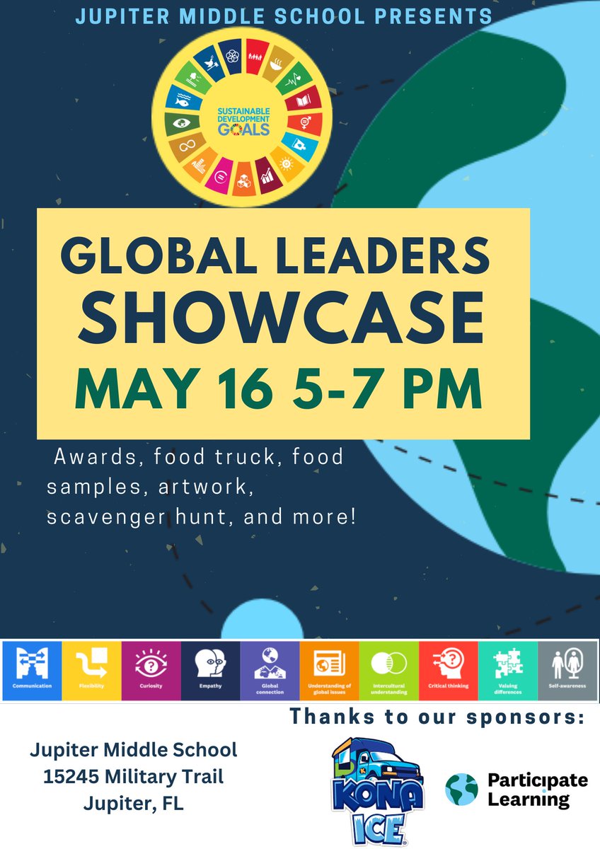 join us on May 16 5-7 for our 1st Global Showcase. Student projects and art will be displayed throughout the school, highlighting the learning of the U.N. Sustainable Development Goals and 10 global competencies.