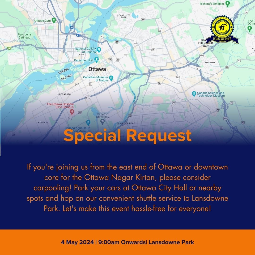 🚗👥 East End & Downtown Core Sangat, join the journey! Park near Ottawa City Hall and carpool to Lansdowne Park for the Ottawa Nagar Kirtan. Let's share rides and make it a community affair. #Carpool #CommunitySpirit #ottawanagarkirtan