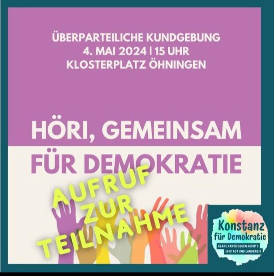 Die #NoAfD steht bereits unter Strom. Die Demos wirken‼️

📢 Komm zur #Demo und 📢 verbreite sie:
'Höri, Gemeinsam für Demokratie!'
Zeit: 04.05.2024, 15:00 Uhr

Ort: Klosterplatz, 78337 #Öhningen, #Deutschland in #BadenWürttemberg 

Link: demokrateam.org/aktionen/hoeri…
#LautGegenRechts