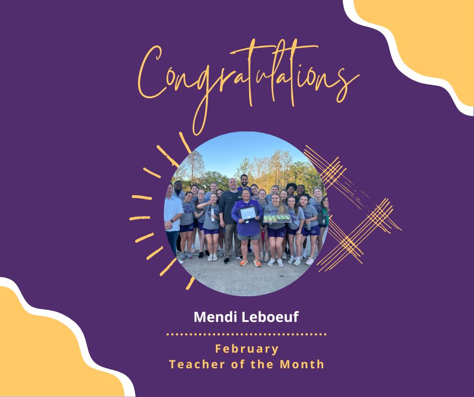 Congratulations to Mendi Leboeuf for being named the HHS February Teacher of the Month! We are so proud of you! 🎉#expectexcellence #fiercenoblestrongtogether #hahnvillehighschool