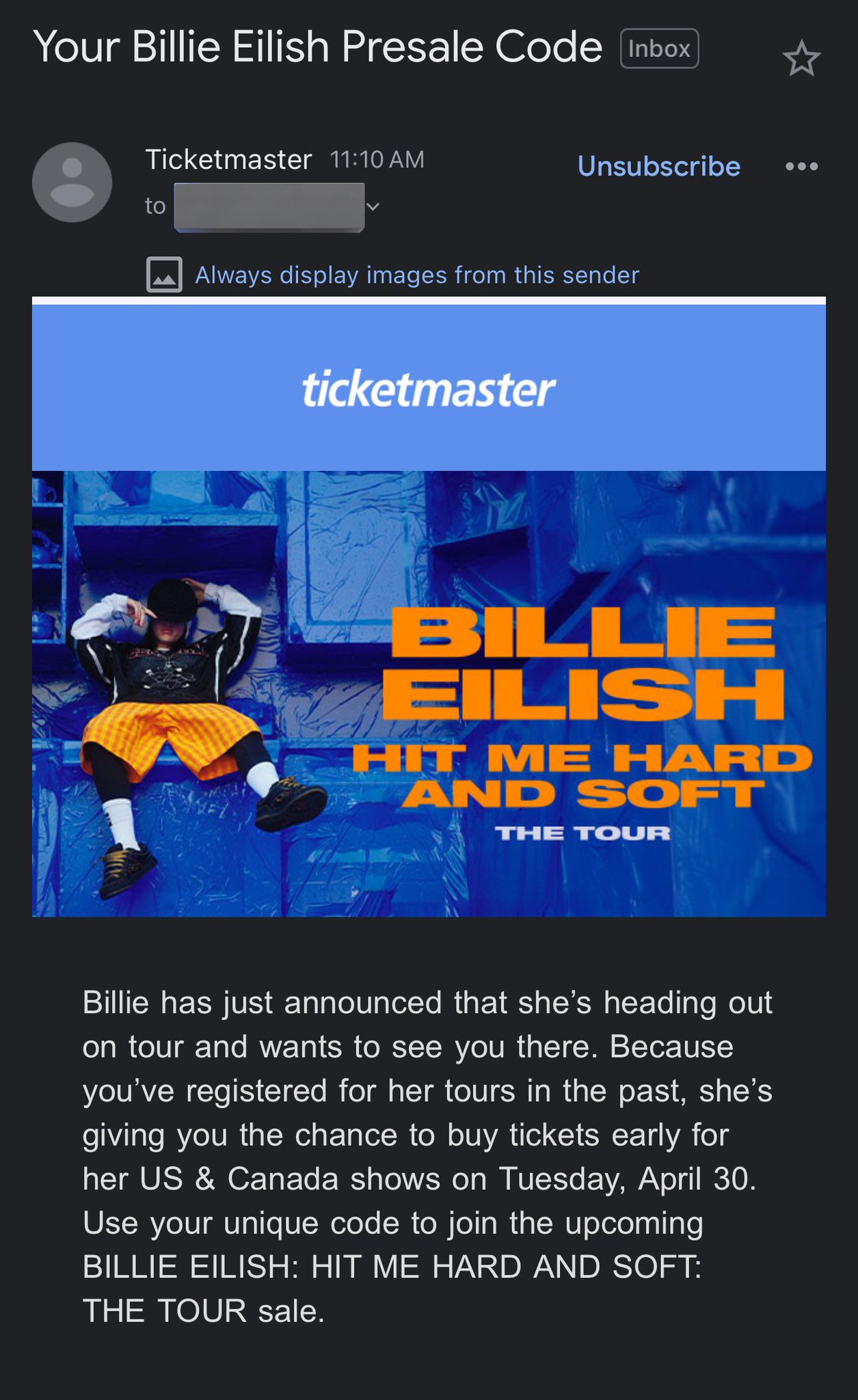 pj duncan on X: “billie presale code secured https://t.co 