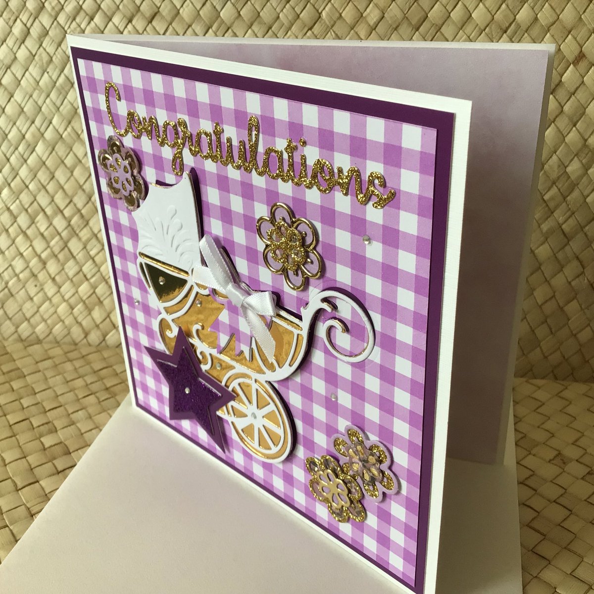 Baby Congratulations- New Arrival Design - Purple Gingham and by AllaCartaCards etsy.me/3waeDKl #YourBizHour #womaninbizhour #uksmallbiz #babyshower #handmadewithlove #OOAK