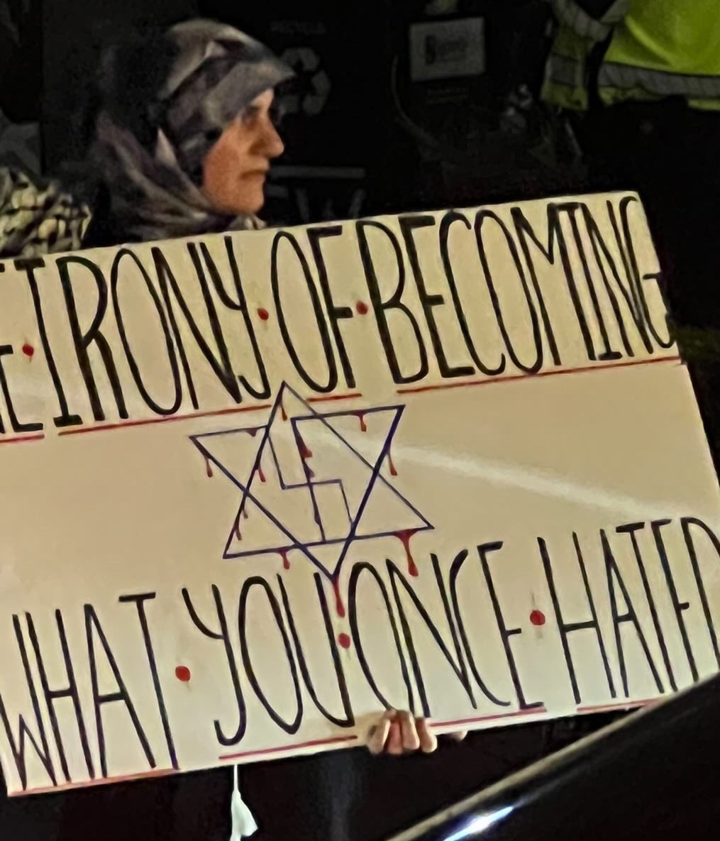 More at George Washington University: a female spotted holding a sign comparing the Jews people to Nazis. Not antisemitic once again.