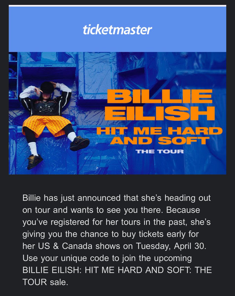 concertleaks's tweet photo. Billie Eilish presale codes are being sent out to anyone who registered for previous tours on ticketmaster! 

🎫: https://t.co/Cyak13B7Hv https://t.co/H7iqjd40Tt