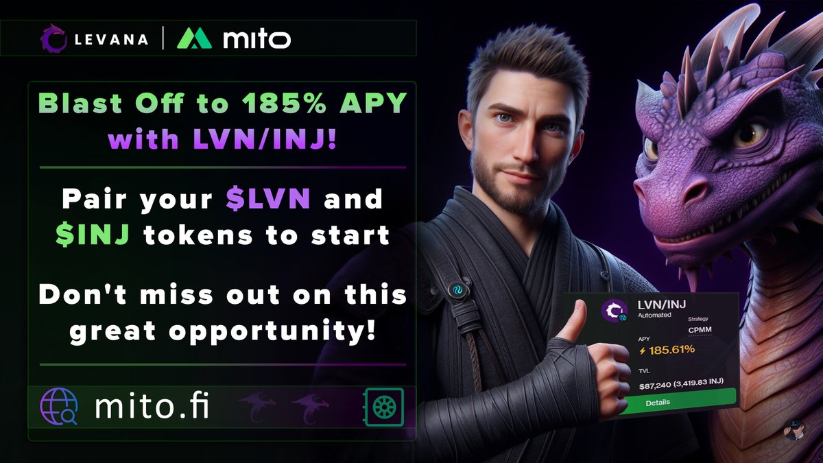 🤯 Few people know, but now on the legendary @MitoFinance vault is available with a pair of no less legendary @Levana_protocol: $LVN / $INJ with a record yield of 185% APY!!!! 🚀 Vault is available here: mito.fi/vault/inj14gmk… ⊸ As far as I'm concerned this is a great