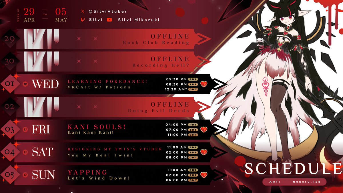 ❣️Schedule 4/29-5/5❣️ I'm designing my irl twin sister's VTuber persona this Saturday! VRChat Meetup with patrons on Wednesday, and more Kani Souls and yapping as well! Another week of your eternal servitude begins! 🌙