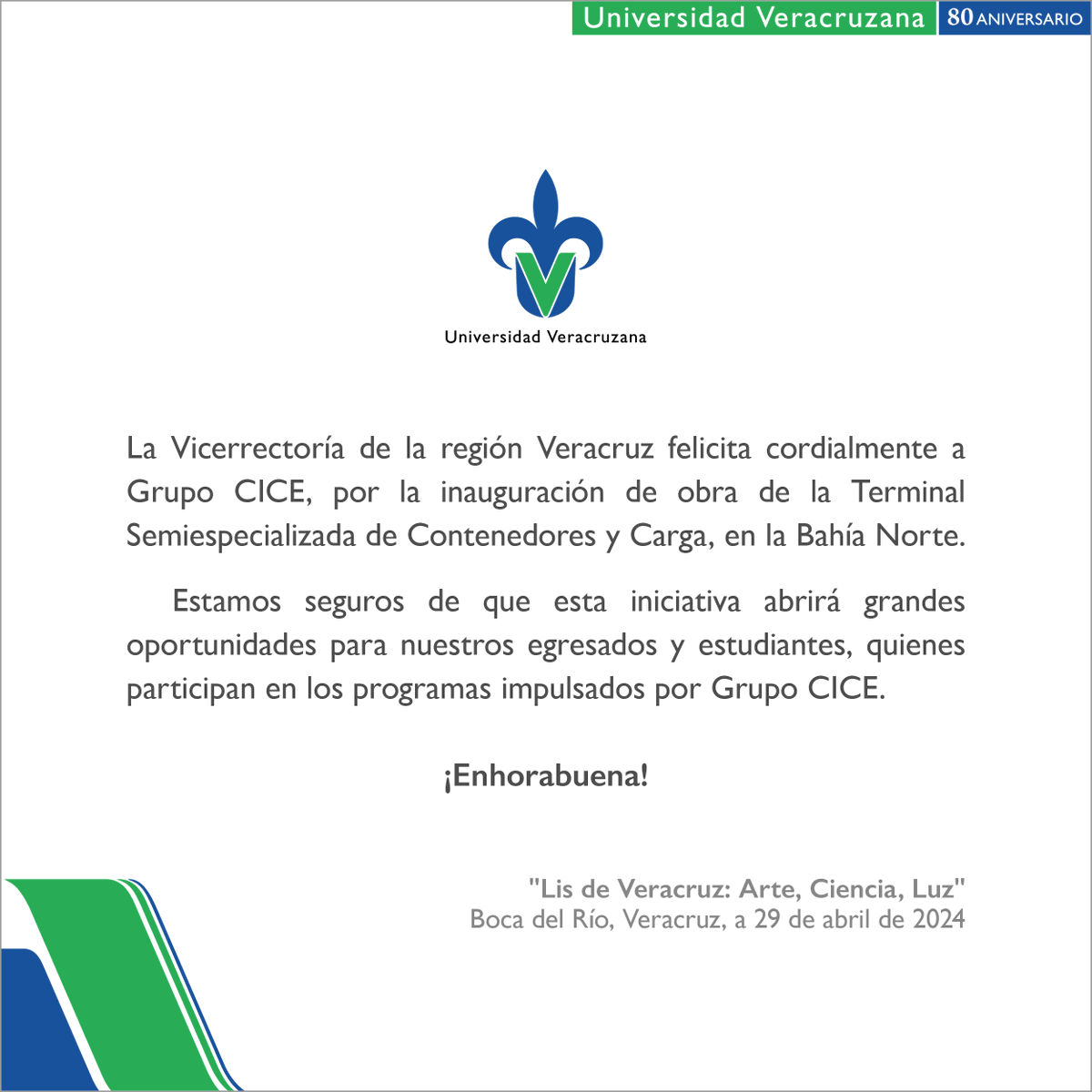 La #RegiónVeracruz felicita a Grupo CICE, por la inauguración de obra de la Terminal Semiespecializada de Contenedores y Carga, en la Bahía Norte.