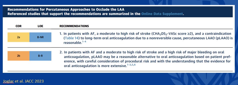 What do new Afib guidelines say about stroke? sciencedirect.com/science/articl… 1. pLAAO stop OAC 2. sLAAO remain on OAC until more data Heart team collaborative approach with IC, EP, surg, imagers & referrings with patient voice needed. Join discussion @AATSHQ @SCAI #NYValves2024