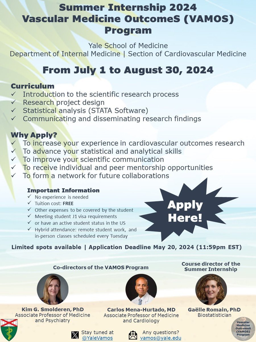 Do you want to learn how to do research guided by VAMOS mentors? Do you want to navigate your first vascular outcomes research project and be guided through from conceptualization to dissemination? Join us in our Summer Internship 2024 VAMOS Program here: yalesurvey.ca1.qualtrics.com/jfe/form/SV_0D…