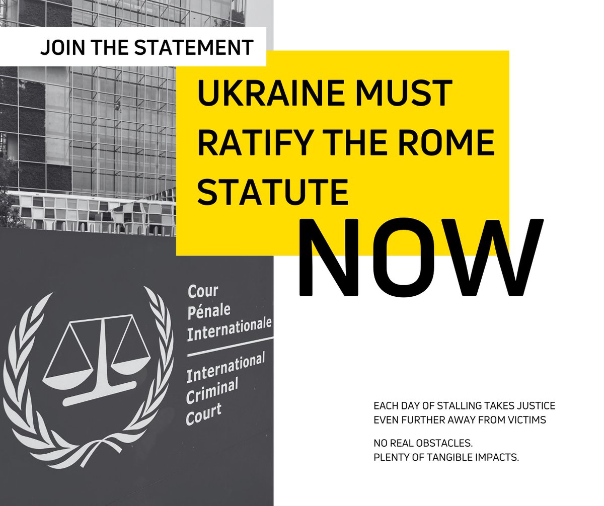 📣 Ukraine must ratify the #RomeStatute NOW – JOIN THE STATEMENT There are no real obstacles, yet each day of stalling takes victims even further away from justice. 👉Read and join the statement by @Ukraine5am: rights-justice-peace.in.ua/en/urgent-call… 🧵More below