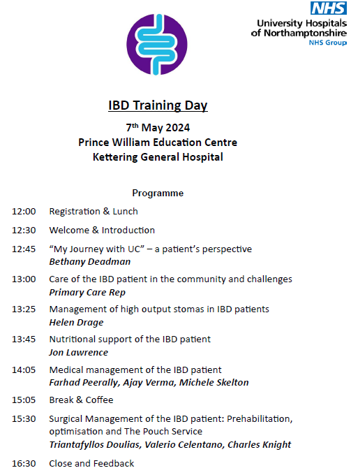 Come and join us at the Kettering IBD Training Day on 7th May - hear about the latest guidelines and advice from a fantastic line up of expert speakers. <a href="/TDoulias_Surg/">Triantafyllos Doulias</a> <a href="/KettGeneral/">Kettering General Hospital</a> <a href="/NGHnhstrust/">Northampton General Hospital 💙</a> <a href="/NGHMedicalEd/">NGH Medical Education</a> <a href="/HeidiSmoult/">Heidi Smoult</a>