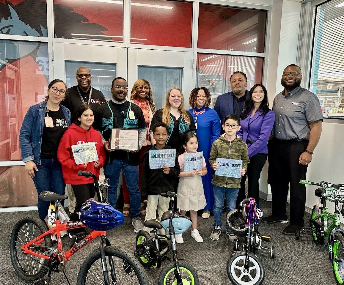 Perfect attendance! 👏 🎉 Nora, Kofi, Kylie and Oliver have been in class every day and won the school-wide drawing at June W. Davis Elementary. Special thanks to our partners at @steelefreeman for the donations. 🚲#CrowleyISDAttendanceMatters #CrowleyPrideUnified