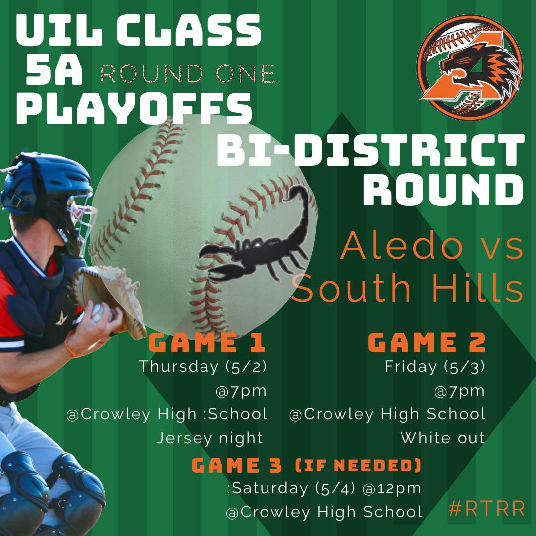 The Bearcats baseball team will play South Hills in a best-of-3 series in the first round of the playoffs! Game1⃣: 7PM Thurs 5/2 at Crowley HS Game2⃣: 7PM Fri 5/3 at CHS Game3⃣ (if necessary): 12 PM Sat 5/4 at CHS Let's go Bearcats! #AllinAledo #RTRR @AledoAthletics @coachbbelk