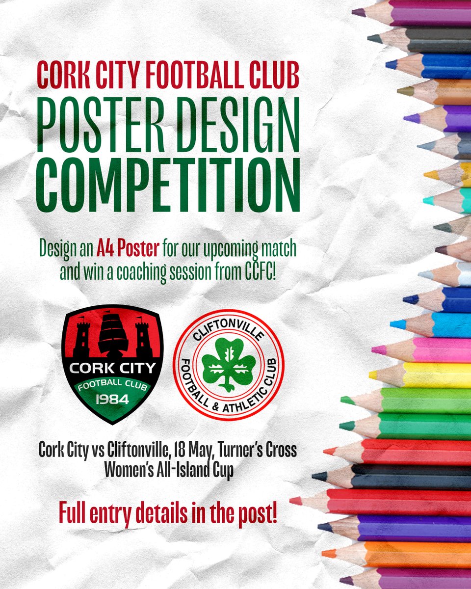 We've announced details of two poster design competitions, giving primary school students in Cork a chance to win a football coaching session for their class, delivered by Cork City FC 🎨 Full details at the link below! 👇🏼 corkcityfc.ie/blogs/news/des… #CCFC84 || #LOI