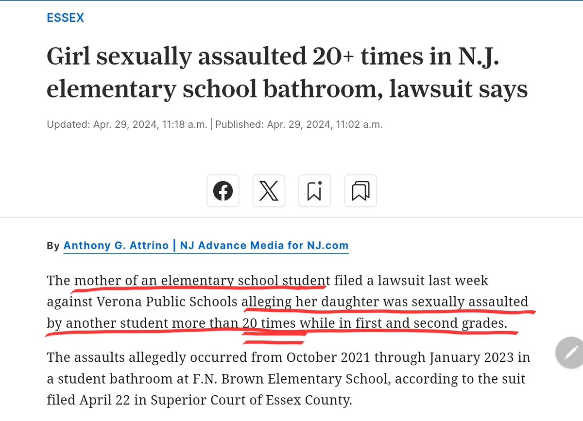 A little girl was victimized over 20 times by a boy in the school bathroom. Her teacher made her apologize to her assailant for accusing him, a new lawsuit alleges. Tell me again the new Title IX changes aren't dangerous to children. This happened under the old rules, btw.