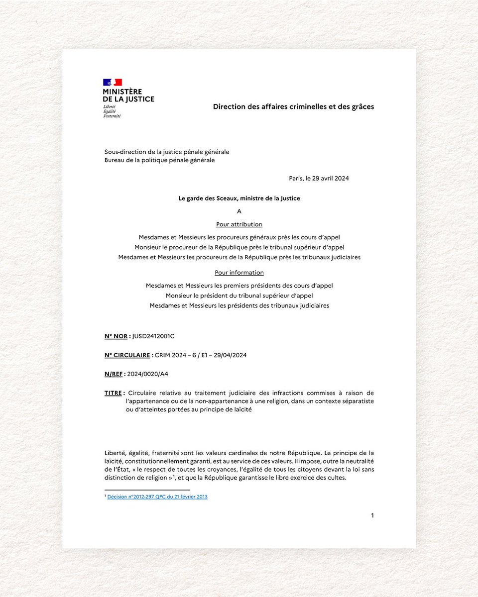 Engagement tenu. À Viry-Châtillon, j’avais annoncé une circulaire pénale pour que le motif du non-respect d’un précepte religieux lors d’une agression constitue une circonstance aggravante. Elle est publiée ce jour. La laïcité, c’est la liberté de croire ou de ne pas croire.…