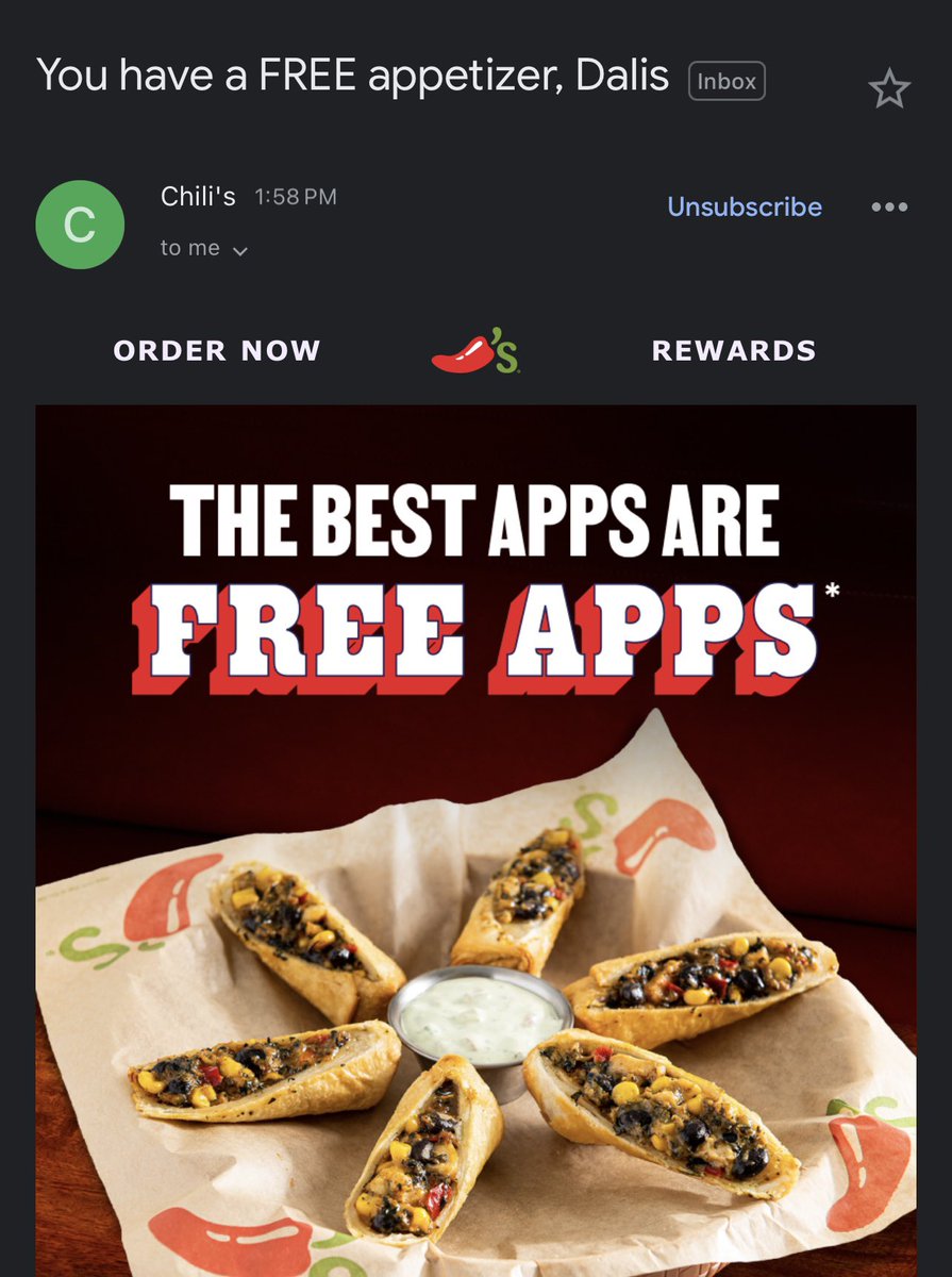 thikdckdaddy27's tweet photo. didnt get a billie presale code but i got a free appetizer at chilis 😁😁 https://t.co/KFCKNCHSII