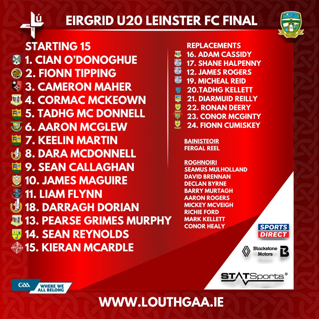 louthgaa's tweet photo. Eirgrid Leinster u20 Final
Louth v Meath

Throw in 7:30pm

1 change to programme to programme 

18. Darragh Dorian for 12. James Rogers

@statsports l @OfficialBSM_1 l @SportsDirectUK https://t.co/0AWDA5CoXC