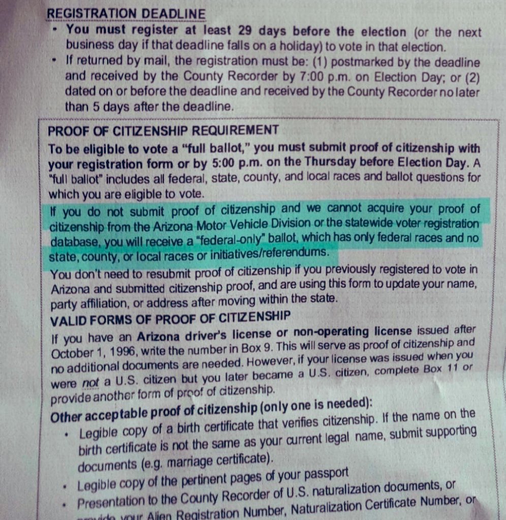 @ImMeme0 @RepAdamMorgan Arizona will also allow those who can’t prove citizenship to receive federal only ballots… The spin is ON.