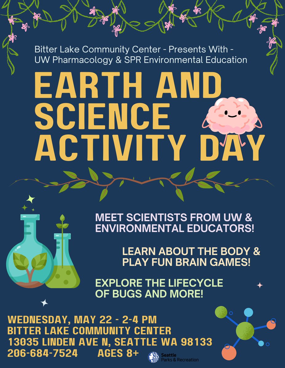 Join us at Bitter Lake Community Center on Wednesday, May 22 from 2 to 4pm for Earth and Science Activity Day! FREE! Ages 8+ Meet scientists from UW and Environmental Educators! Learn abou tthe body and play fun brain games! Explore the lifecycle of bugs and more!