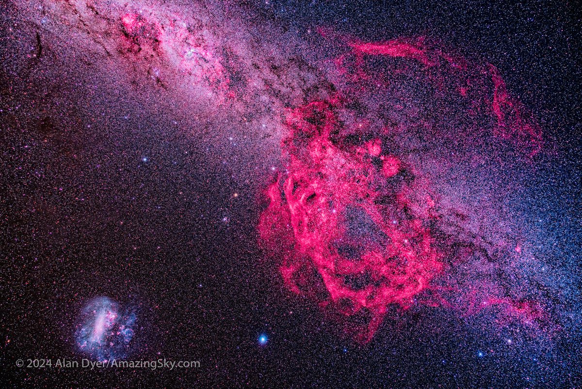 I'm still working through images shot in March from Australia. Here's a framing of the vast 40°-wide Gum Nebula in the southern Milky Way in Vela and Puppis, with the Large Magellanic Cloud also in frame. Tech details in the Alt Text.