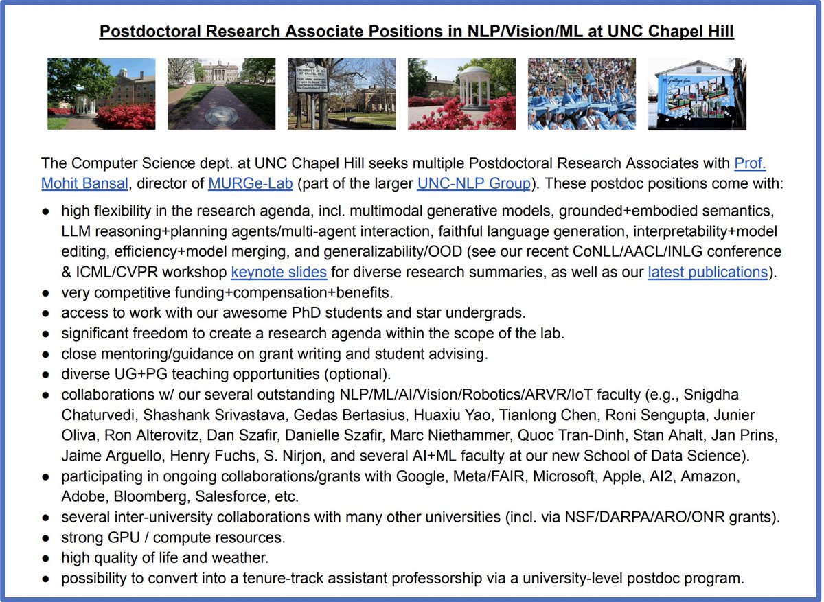 mohitban47's tweet image. 🚨 We have postdoc openings at UNC 🙂 

Exciting+diverse NLP/CV/ML topics**, freedom to create research agenda, competitive funding, very strong students, many collabs w/ other faculty &amp;amp; universities+companies, superb quality of life/weather. Please apply + help spread the word…