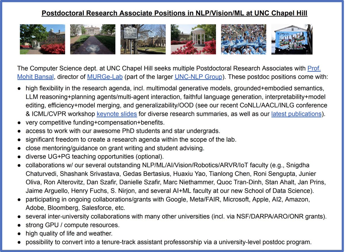 🚨 We have postdoc openings at UNC 🙂 Exciting+diverse NLP/CV/ML topics**, freedom to create research agenda, competitive funding, very strong students, many collabs w/ other faculty & universities+companies, superb quality of life/weather. Please apply + help spread the word…